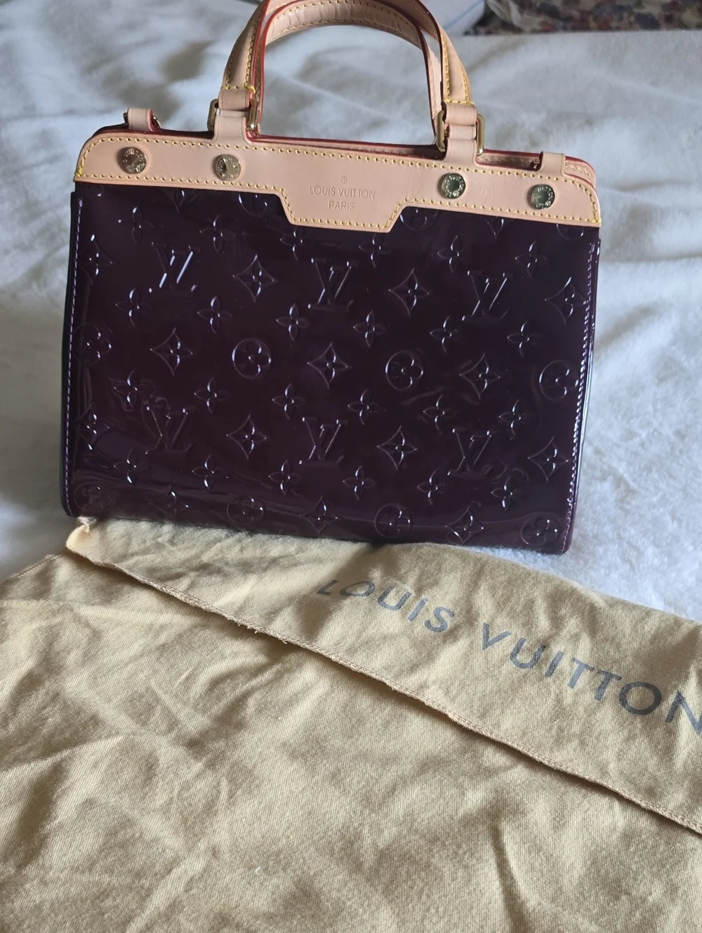 FAUX Louis Vuitton Plum Vernis Leather Satchel with Natural Trim NEVER USED